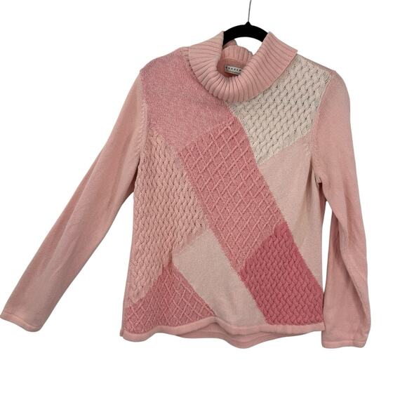 Liz Clairborne XL Pink White Color Block Cable Knit Turtleneck Gorpcore Preppy - Picture 1 of 8